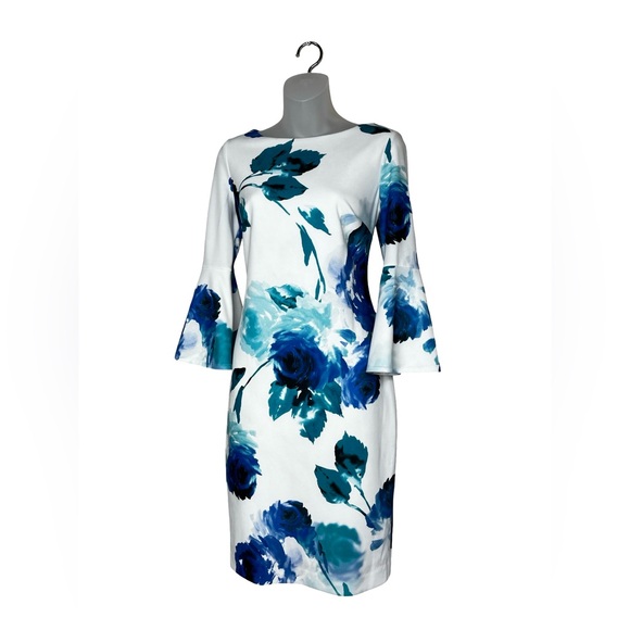 Calvin Klein floral bell-sleeve sheath dress white blue floral pattern - Picture 12 of 12